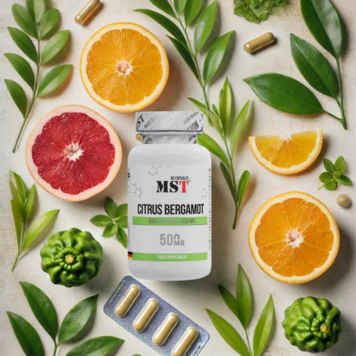 MST Citrus Bergamot – банка серед скибок бергамоту і зеленого листя