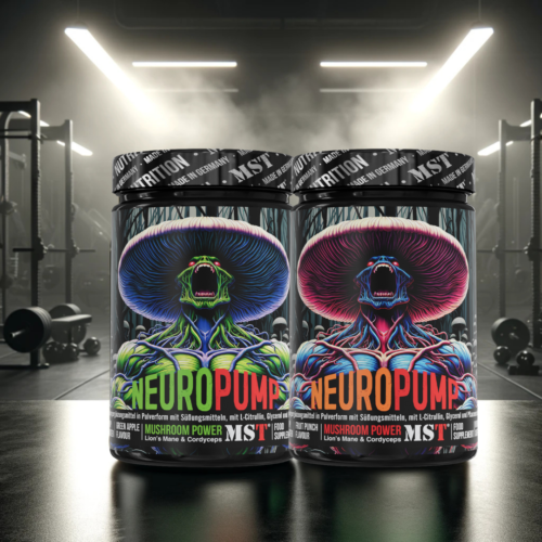 Two MST NEUROPUMP Mushroom Power jars in a gym setting. Flavors: Green Apple and Fruit Punch. Mushroom design, caffeine-free.