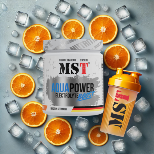 MST Aqua Power Boost – апельсин, кубики льоду і шейкер, вигляд згори