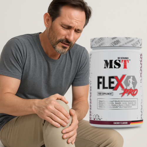 Middle-aged man holding his knee in pain, with MST® Flex Pro Cherry container beside him