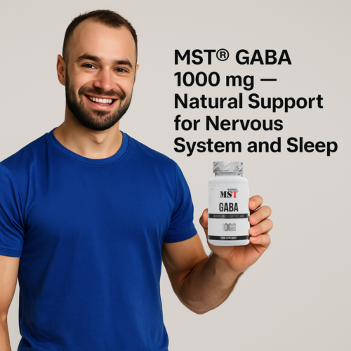 Young man in blue T-shirt holding MST® GABA 1000 mg, with text highlighting nervous system and sleep support