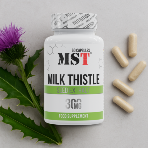 Флакон MST Milk Thistle Seed Extract без написів на дерев’яній поверхні — добавка для здоров’я печінки