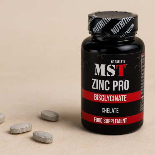 Темна упаковка цинку MST Zinc Pro Bisglycinate на світлому фоні — біодоступна добавка для здоров’я