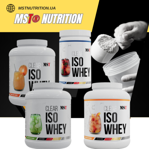 MST CLEAR ISO WHEY protein line in flavors: orange, berry, green apple, peach; shake preparation process in the background