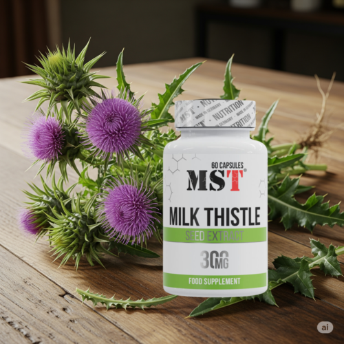 Bottle of MST® Milk Thistle 60 capsules on a table next to milk thistle flowers and leaves.
