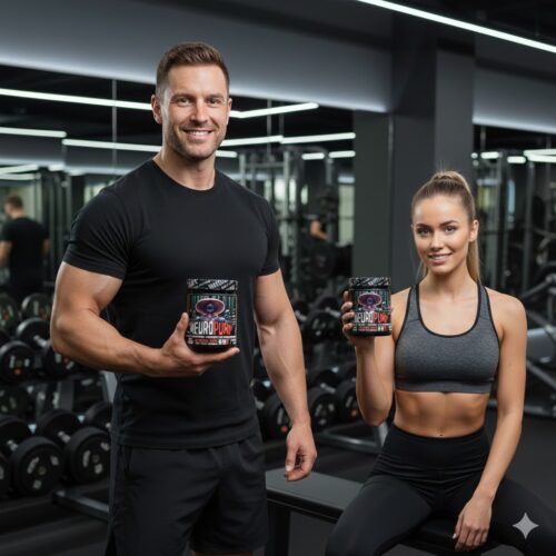 Happy male and female athletes smiling and holding MST Neuro Pump Red Apple jars in a modern gym setting