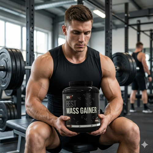 Sports nutrition MST Nutrition: fitness athlete with a 3000g jar of Best Mass Gainer chocolate flavor.