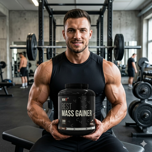 Muscular athlete holding a 3000g jar of MST Best Mass Gainer Chocolate in a gym setting.