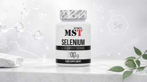 Банка MST Selenium L-Selenomethionine 200 µg на світлому науковому фоні з молекулярними елементами, символом Se та зеленими листками.