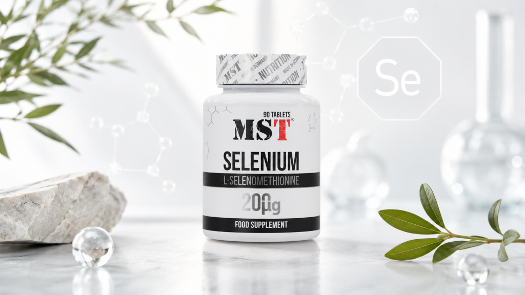 Банка MST Selenium L-Selenomethionine 200 µg на чистом светлом фоне с природными акцентами, лабораторными деталями и символом Se.