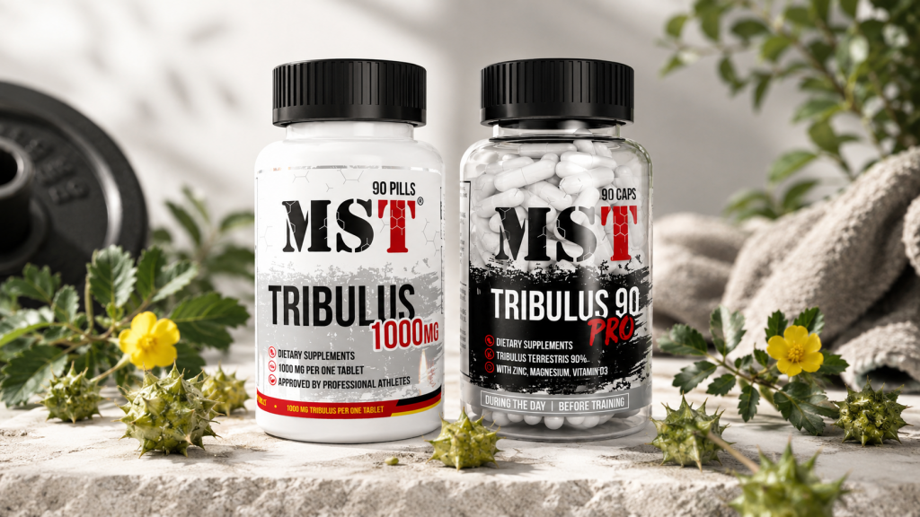 MST Tribulus 1000 mg та Tribulus 90 Pro на світлому фоні з рослиною трибулус для статті про підтримку активності та тренувань