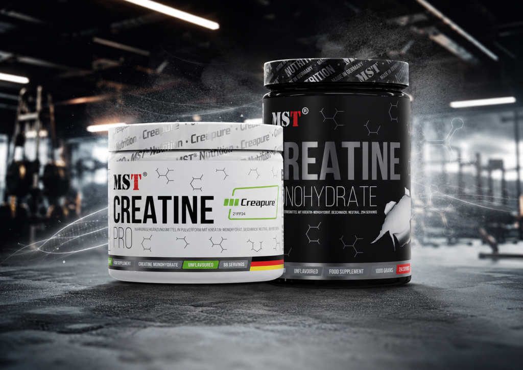 MST Creatine PRO Creapure and MST Creatine Monohydrate jars against the background of a modern gym, promotional image for the article about creatine for muscle mass gain.