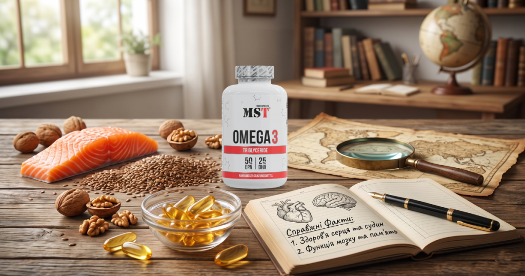 Detailed photo on a wooden table near a window, representing natural sources and Omega-3 supplements. In the foreground is fresh salmon fillet, walnuts, and flax seeds. In the center stands a bottle of MST Omega 3 (triglyceride form). Nearby is a glass bowl with golden softgels and an open notebook with sketches of a heart and a brain. Written in the notebook with a pen: "Real Facts: 1. Heart and vascular health 2. Brain function and memory". In the background is an antique map, a magnifying glass, a fountain pen, a bookshelf, and a globe. Natural light pours from the window, creating a warm atmosphere.