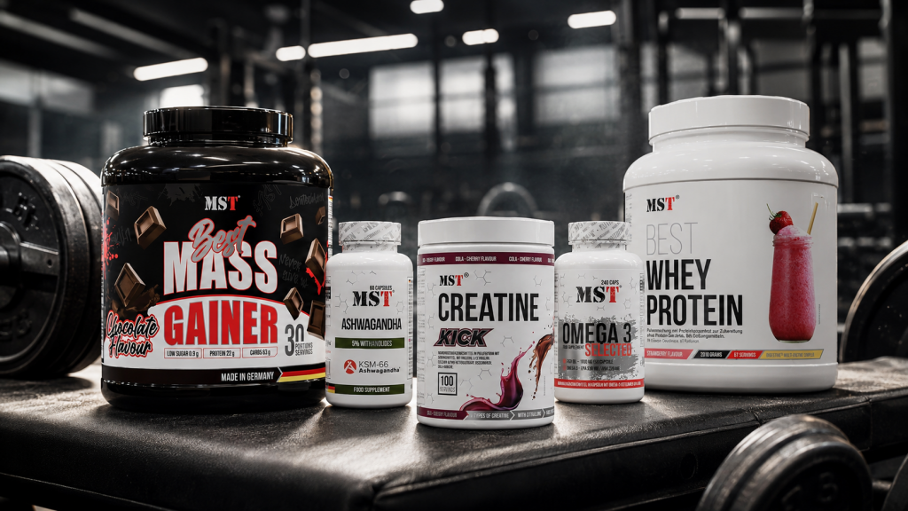 Продукти MST для спортивного харчування в тренажерному залі: Mass Gainer, Whey Protein, Creatine Kick, Omega 3 та Ashwagandha для бодібілдингу.