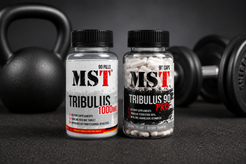 MST Tribulus 1000 mg та Tribulus 90 Pro на фоні спортивного обладнання для статті про трибулус і підтримку тренувального режиму