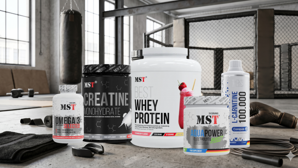 зображення набору спортивних добавок бренду MST Nutrition, розташованих на бетонній підлозі в індустріальному тренажерному залі з боксерським мішком та кліткою ММА на задньому плані. У центрі — велика біла банка "Best Whey Protein" (полуничний смак) та чорна банка "Creatine Monohydrate". Ліворуч стоїть флакон "Omega 3 Selected", праворуч — менша банка "Aqua Power Electrolyte Boost" та пляшка "L-Carnitine 100 000". На передньому плані — чорний рушник, капа, боксерські рукавички та скакалка. Природне світло ллється з великих вікон.
