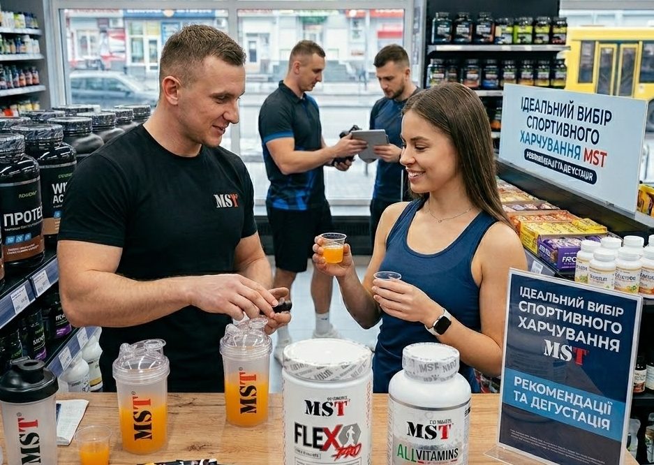 Презентація спортивного харчування MST та PowerUp Nutrition у спеціалізованому магазині з консультантами та дегустацією.