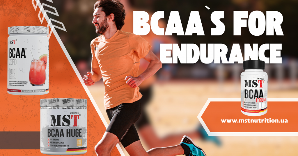 Рекламний банер MST Nutrition із великим написом "BCAA'S FOR ENDURANCE" та бігуном у центрі. Ліворуч зображено велику банку порошку BCAA Zero та банку таблеток BCAA Huge, праворуч — банку BCAA 1000 MG і посилання на сайт www.mstnutrition.ua.