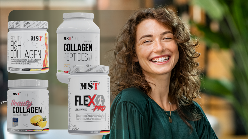 Рекламний банер MST Nutrition з усміхненою жінкою та колагеновою лінійкою: Beauty Fish Collagen, Collagen Peptides, Beauty Collagen та Flex Pro.