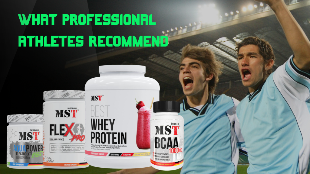 MST Nutrition promotional banner featuring bright green text "WHAT PROFESSIONAL ATHLETES RECOMMEND", two soccer players celebrating on a stadium, and a supplement line: Best Whey Protein, Flex Pro, BCAA 1000 MG, and Aqua Power.
