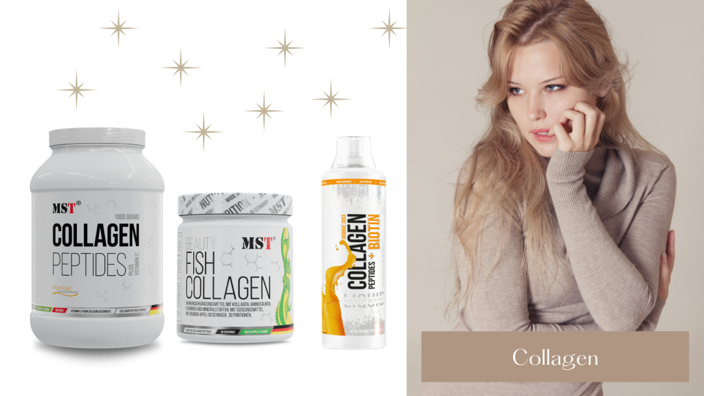 Три види добавки колагену від бренду MST Nutrition (порошковий Collagen Peptides, Fish Collagen та рідкий Collagen Peptides + Biotin) поруч із портретом молодої жінки у бежевому светрі.