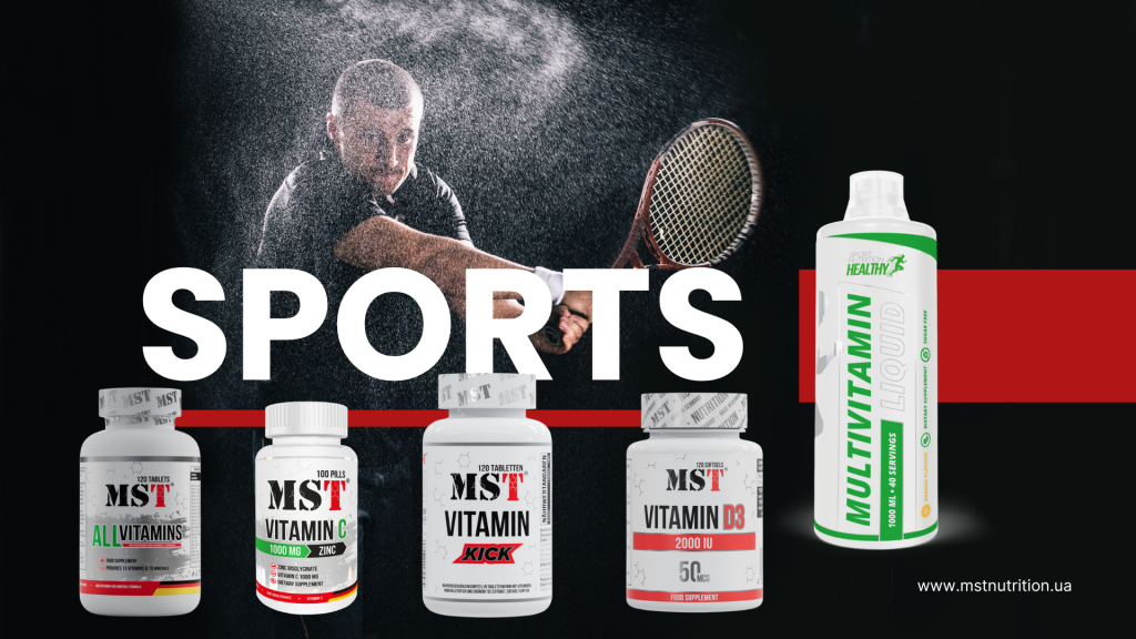 MST Nutrition sports vitamins promotional banner: featuring a tennis player mid-stroke alongside a lineup of products (All Vitamins, Vitamin C + Zinc, Vitamin Kick, Vitamin D3, and Multivitamin Liquid).