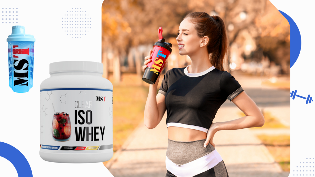 MST Nutrition protein promotional banner: featuring a woman with a shaker outdoors alongside a tub of Clear Iso Whey and a signature blue shaker bottle.