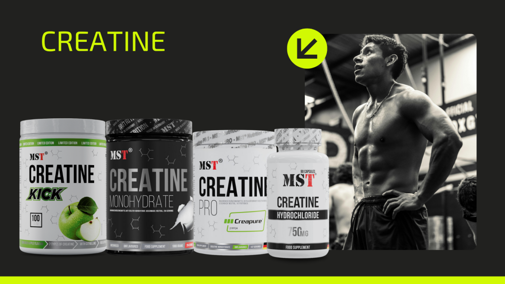 Рекламний банер лінійки креатину від MST Nutrition на темному тлі з яскраво-зеленими акцентами. На зображенні представлено чотири продукти: Creatine Kick, Creatine Monohydrate, Creatine Pro (Creapure) та Creatine Hydrochloride в капсулах. Праворуч розміщено чорно-біле фото мускулистого атлета в тренажерному залі.