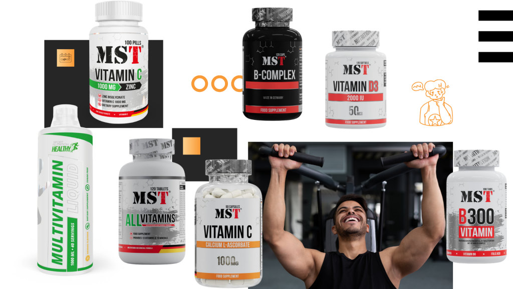 Advertising MST Nutrition vitamins: a banner featuring an athlete on a training machine alongside Multivitamin Liquid, All Vitamins, Vitamin C, B-Complex, Vitamin D3, and B300 complexes.