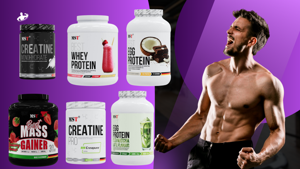 Promotional banner for MST® sports nutrition: on the left — an assortment of jars containing creatine monohydrate, strawberry-flavored whey protein, egg white protein powder, and strawberry-flavored gainer; on the right — a muscular, shirtless man triumphantly shouting and flexing his muscles against a purple graphic background.