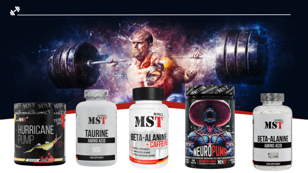 Product lineup of MST sports supplements presented against the background of a muscular athlete performing barbell squats under the influence of intense blue energy. From left to right, jars shown contain Hurricane Pump, Taurine (240 capsules), Beta-Alanine + Caffeine (90 tablets), Neuropump with Mushroom Power, and Beta-Alanine (120 capsules). In the top left corner, a barbell symmetry icon is visible.