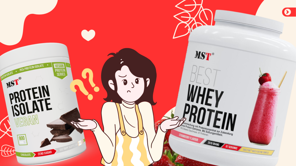 Спортивное питание бренда MST Nutrition. Слева — белая баночка веганского белка Pea Protein Isolate (900 г) из серии Vegan Protein Series со вкусом шоколада без сахара. Справа — большая баночка Best Whey Protein (2010 г, 67 порций) со вкусом клубники (Strawberry Flavour).