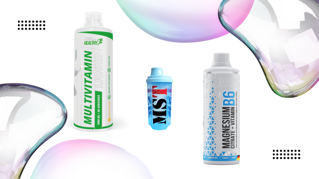 Рекламний банер MST Nutrition з рідким комплексом Multivitamin Liquid, рідким магнієм Magnesium B6 Citrate та блакитним шейкером на світлому тлі з 3D-бульбашками.