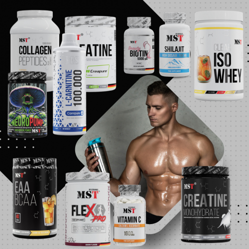 Рекламний колаж спортивного харчування MST Nutrition із м'язистим атлетом у центрі та лінійкою добавок, включаючи Creatine, EAA BCAA, Flex Pro, L-Carnitine та Clear Iso Whey.