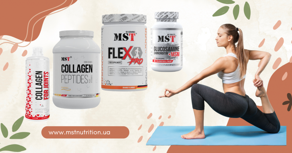 Рекламный баннер MST Nutrition с добавками для суставов и связок (Collagen, Flex Pro, Glucosamine Chondroitin) и девушкой, делающей растяжку на коврике.