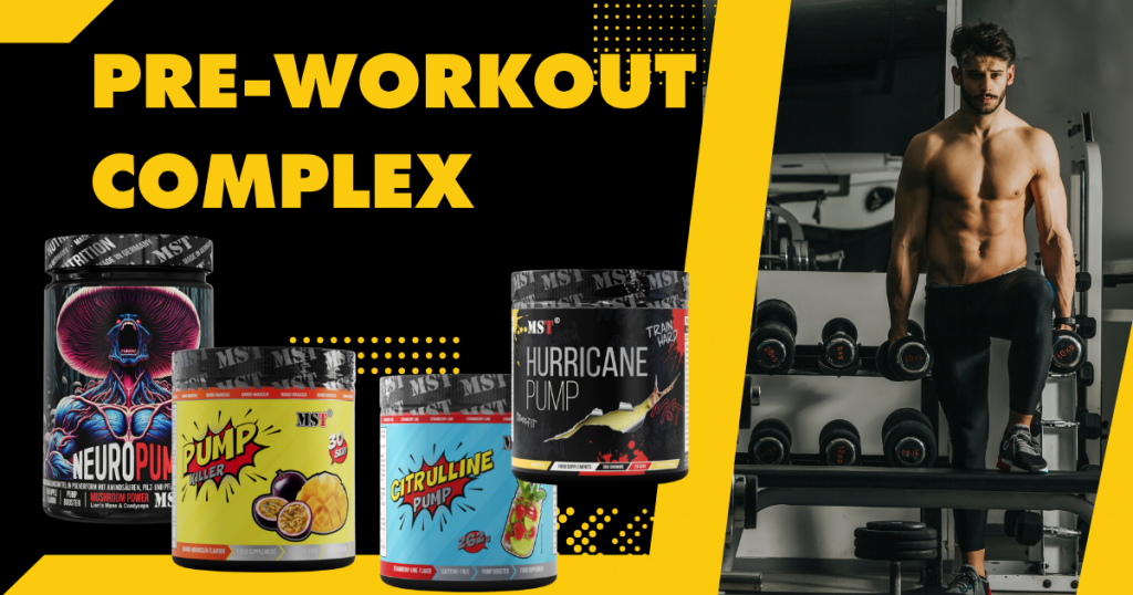 Рекламный баннер MST Nutrition с крупной надписью "PRE-WORKOUT COMPLEX", четырьмя банками предтренировочных комплексов (Neuro Pump, Pump Killer, Citrulline Pump, Hurricane Pump) и атлетом в тренажерном зале.