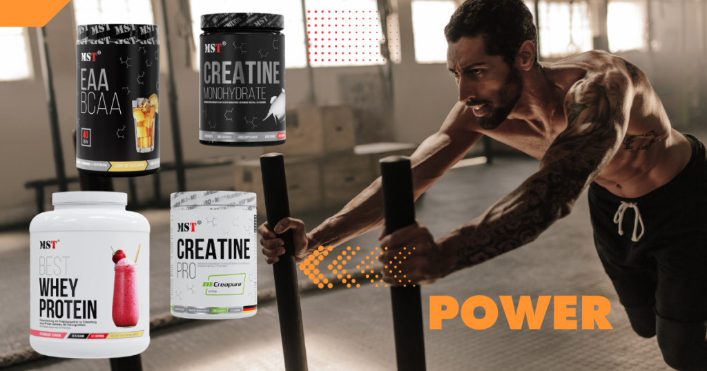 Рекламный баннер MST Nutrition с надписью "POWER", атлетом, толкающим тренировочные сани, и спортивным питанием: Best Whey Protein, Creatine Monohydrate, Creatine Pro и EAA BCAA.