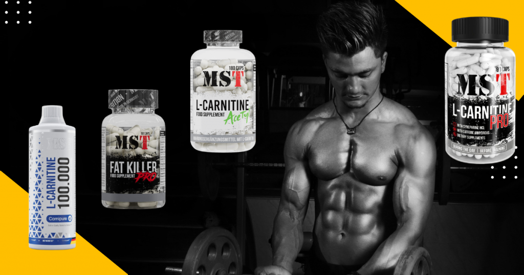 Банер MST Nutrition із добіркою жироспалювальних добавок і L-карнітину. На темному фоні спортивного залу зображений атлет із вираженою мускулатурою, який виконує вправу з гантелями. Навколо нього розташовані продукти: рідкий L-Carnitine 100,000, Fat Killer PRO, L-Carnitine Acetyl та L-Carnitine PRO у капсулах. Дизайн виконаний у чорних, білих і жовтих кольорах, що підкреслюють спортивну тематику та акцентують увагу на продуктах для підтримки жироспалювання й енергетичного обміну.