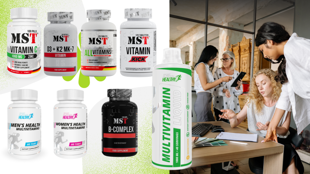 Collage of MST brand vitamin and mineral supplements set against a light lime-green background. On the upper left are four tubs: Vitamin C 1000 mg + Zinc, D3 + K2 MK-7, All Vitamins (120 tablets), and Vitamin Kick. On the lower left are tubs of Men's Health Multivitamins, Women's Health Multivitamins, and B-Complex in a black tub. In the center stands a large white bottle of Multivitamin Liquid (1000 ml). On the right is a photo of four female office colleagues conversing and reviewing documents at a desk.