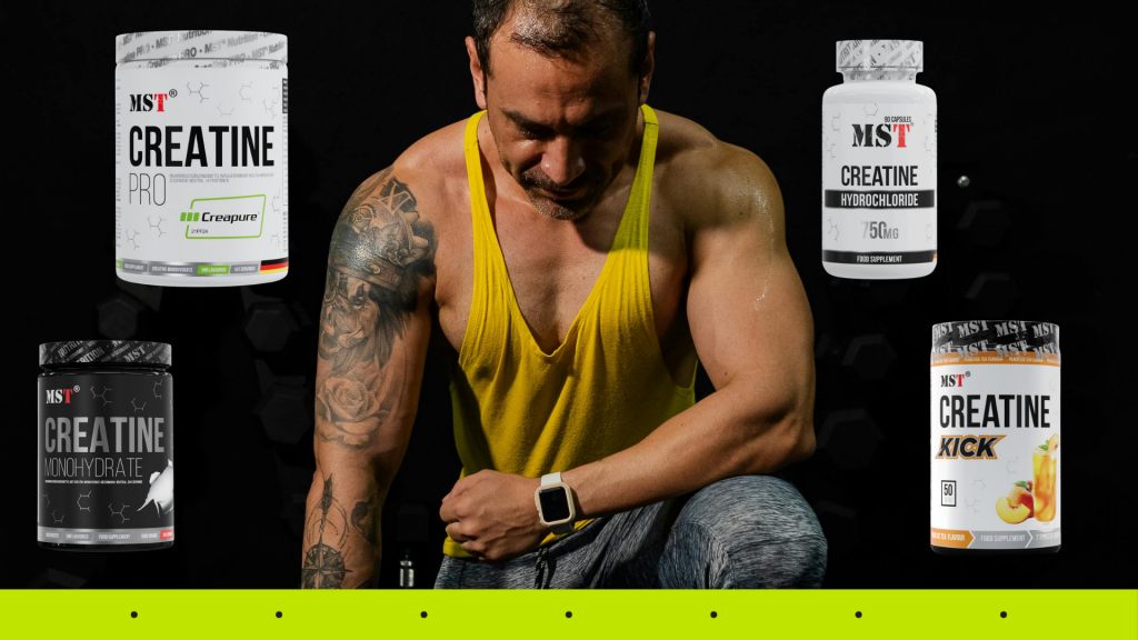 Collage of MST brand creatine supplements on a black background with a green bar at the bottom. In the center is a muscular man in a yellow tank top with a tattoo on his arm, bowing his head. Positioned around him are the products: upper left — a large white tub of Creatine Pro Creapure; lower left — a black tub of Creatine Monohydrate; upper right — a white tub of Creatine Hydrochloride 750 mg capsules; lower right — a tub of Creatine Kick complex in peach ice tea flavor (50 servings).