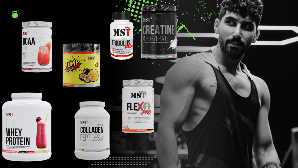 Collage of MST brand sports supplements on a black background with green accents. On the left are the following products: a white tub of BCAA Zero in watermelon flavor, Pump Killer pre-workout complex in passion fruit flavor, and a large tub of Best Whey Protein in strawberry flavor. In the center are Tribulus 1000 mg tablets (90 count), a tub of Collagen Peptides + Vitamin C (1000 g), and Flex PRO joint complex in orange flavor. At top center stands a black tub of Creatine Monohydrate. On the right, a side-profile view of a muscular brunette man in a black tank top looking to the side.