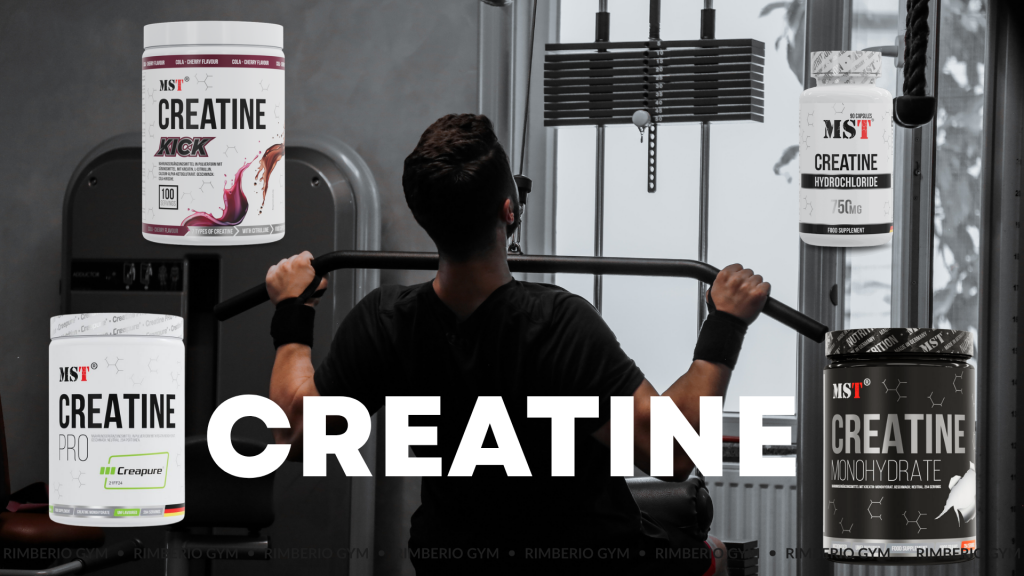 Collage of MST brand creatine supplements set in a gym environment with a large white CREATINE text across the center. In the background, a man in a black t-shirt viewed from behind performs a lat pulldown on a cable machine. Arranged around the athlete are Creatine Kick 7 in 1 and Creatine PRO Creapure on the left, and Creatine Hydrochloride capsules alongside a black tub of Creatine Monohydrate on the right.