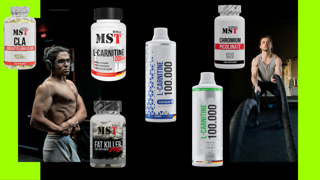 Collage of MST sports nutrition weight loss and fat burning supplements set against a black background with a green border. In the foreground are the following products: CLA 1000 mg in a clear tub (180 capsules), L-Carnitine 1000 mg tablets (90 count), Fat Killer Pro fat burner (90 capsules), liquid L-Carnitine 100.000 Carnipure (1000 ml) in a blue-and-white bottle, liquid L-Carnitine Liquid 100.000 in a silver bottle, and Chromium Picolinate 200 mcg (100 capsules). In the background: on the left, a muscular man with headphones posing in a gym; on the right, a man training with battle ropes.