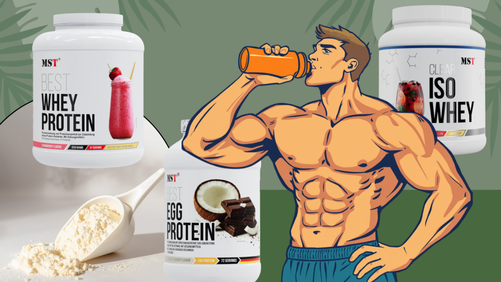 Collage of MST sports nutrition supplements set against an illustration of a muscular man drinking a protein shake from an orange shaker. In the foreground are the following products: a tub of Best Egg Protein in chocolate-coconut flavor (72 servings), a white scoop filled with powder, a large tub of Best Whey Protein in strawberry flavor (2010 g, 67 servings) on the left, and a tub of Clear Iso Whey isolate on the right.