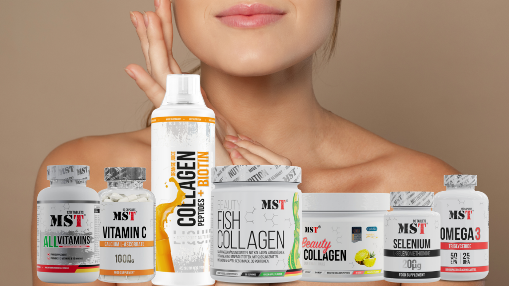 Collage of MST brand health and beauty supplements against the backdrop of a woman's chin and neck. In the foreground are the following products: All Vitamins (120 tablets), Vitamin C Calcium L-Ascorbate 1000 mg (90 capsules), liquid Collagen Peptides + Biotin in orange juice flavor, powdered Beauty Fish Collagen in green apple flavor (30 servings), Beauty Collagen in pineapple flavor, Selenium 200 µg (90 tablets), and Omega 3 Triglyceride (180 capsules).