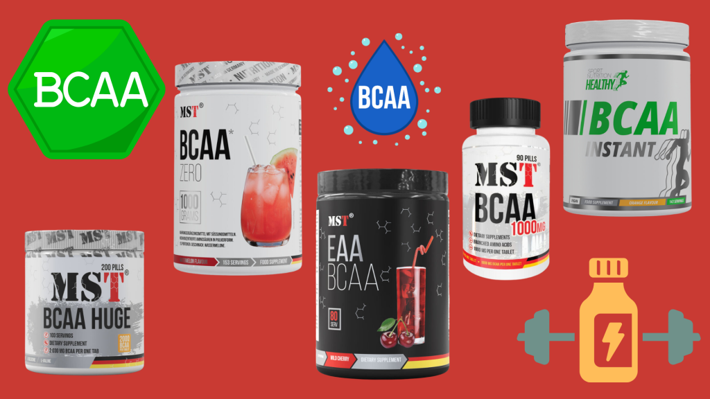 Коллаж аминокислотных добавок BCAA и EAA бренда MST на ярко-красном фоне. В левом верхнем углу размещен зеленый шестиугольник с белой надписью «BCAA», в центре — синяя капля с белой надписью «BCAA», а в правом нижнем углу — графические иконки двух гантелей и бутылочки с молнией. На переднем плане выстроены пять продуктов: Слева внизу — белая банка BCAA Huge (200 таблеток / 2000 мг в одной таблетке). Слева вверху — большая белая банка BCAA Zero (1000 г / 153 порции) со вкусом арбуза и изображением стакана арбузного напитка. В центре — черная банка комплекса EAA BCAA (80 порций) со вкусом дикой вишни и изображением стакана напитка с вишнями. Справа от центра — белая банка BCAA 1000 mg в таблетках (90 шт. / 1000 мг в одной таблетке). Справа вверху — белая банка Healthy BCAA Instant со вкусом апельсина.